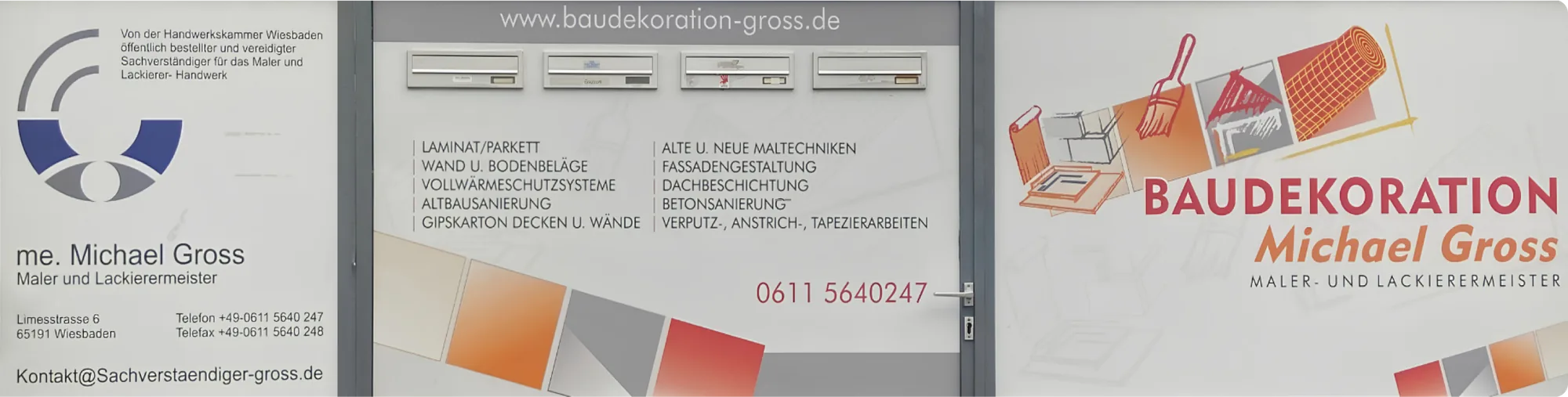 Firmenschild der Baudekoration Michael Gross in der Limesstraße in Wiesbaden
